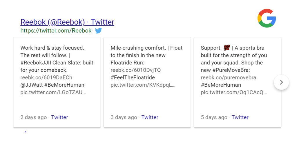 reebok tweets on Google