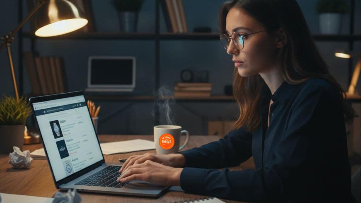 a woman with glasses searching online for a brand
