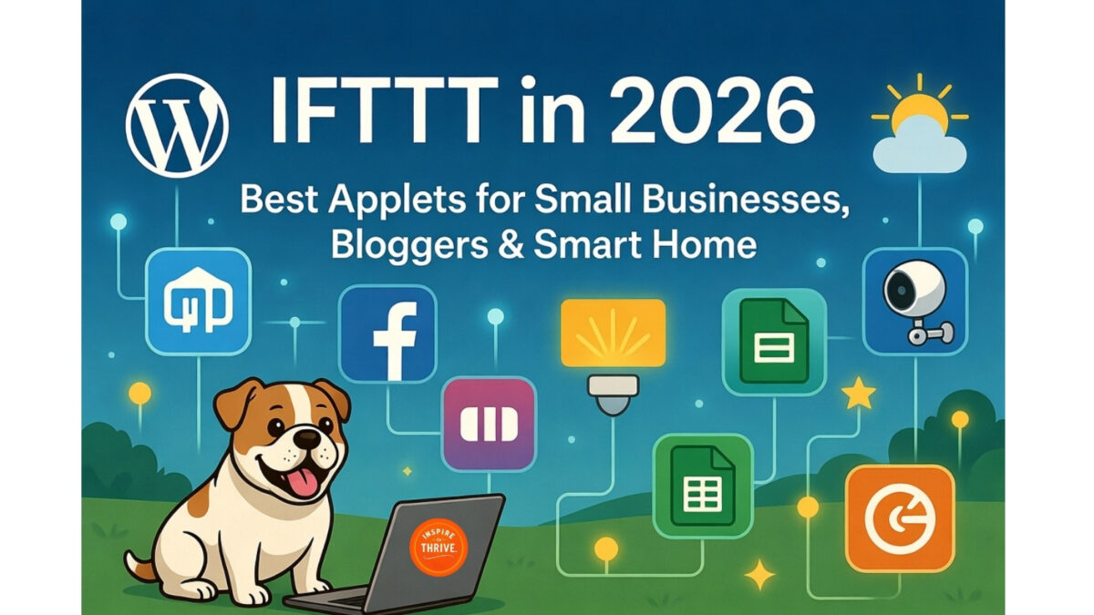 IFTTT 2026 automations for small business and smart home with Stella the bulldog mascot.