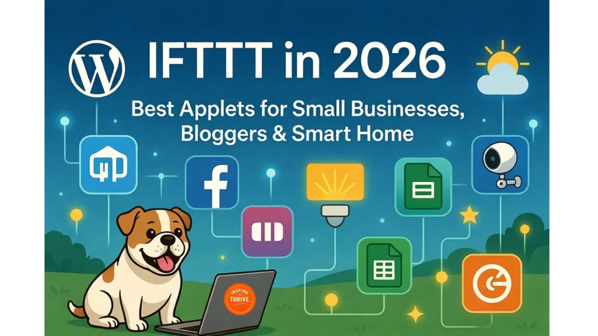 IFTTT 2026 automations for small business and smart home with Stella the bulldog mascot.