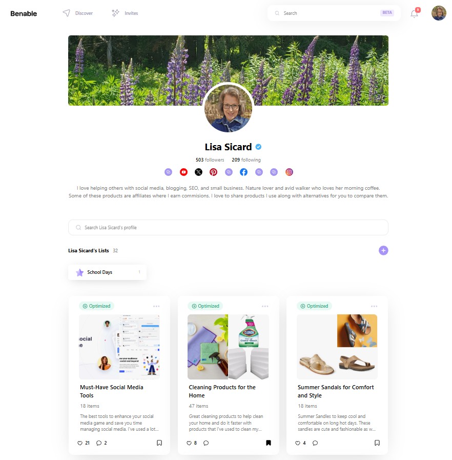 An example of Benable lists I created to curate content.