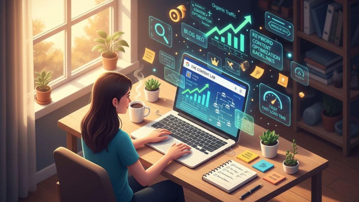 A female blogger at home office making blog SEO friendly.