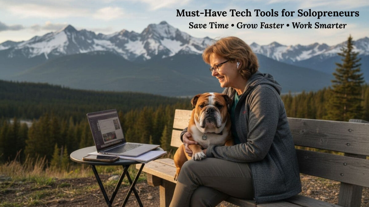 Must have tech tools for solopreneurs with Lisa Sicard and her bulldog working outdoors.
