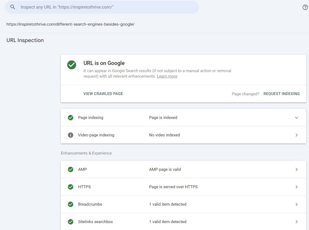 view page as googlebot example Google Search Console URL Inspection tool showing a successfully indexed page and Googlebot crawl status