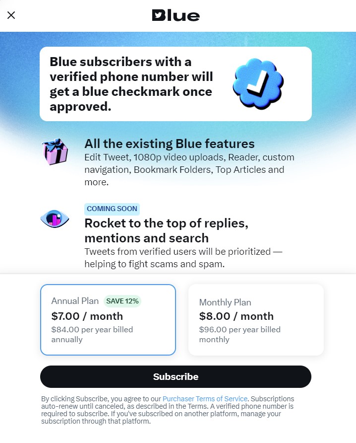 Twitter Blue Subscriptions