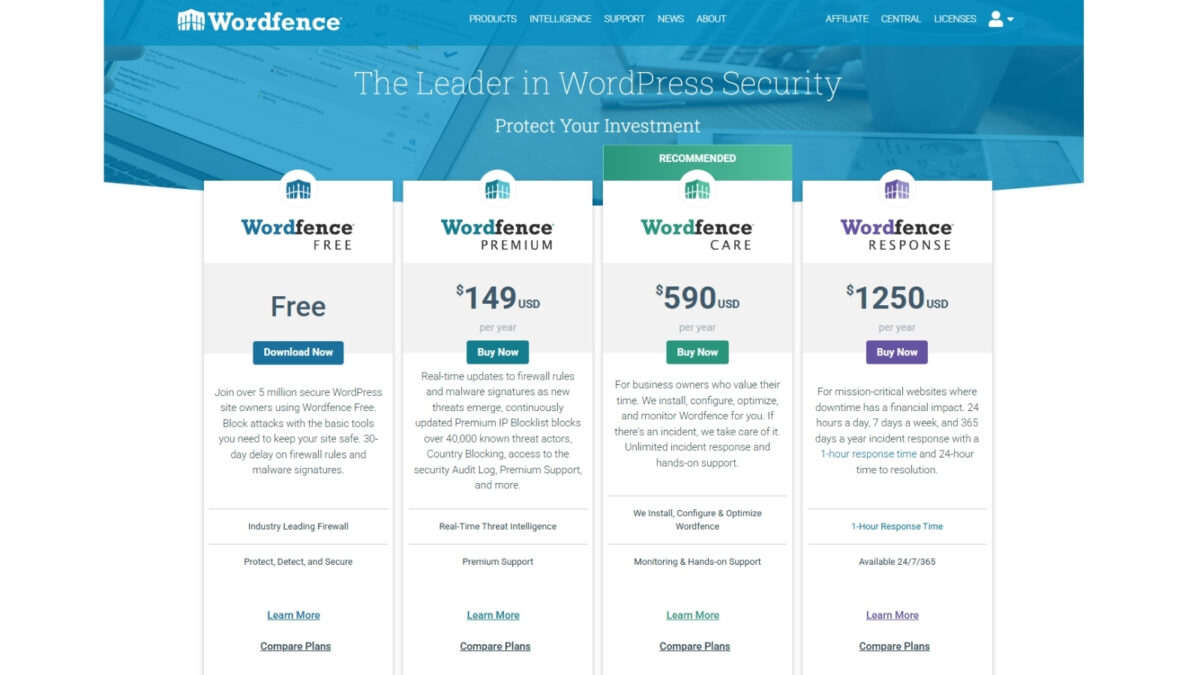 wordfence plans Wordfence pricing plans 2026 - Free, Premium, Care, and Response options.