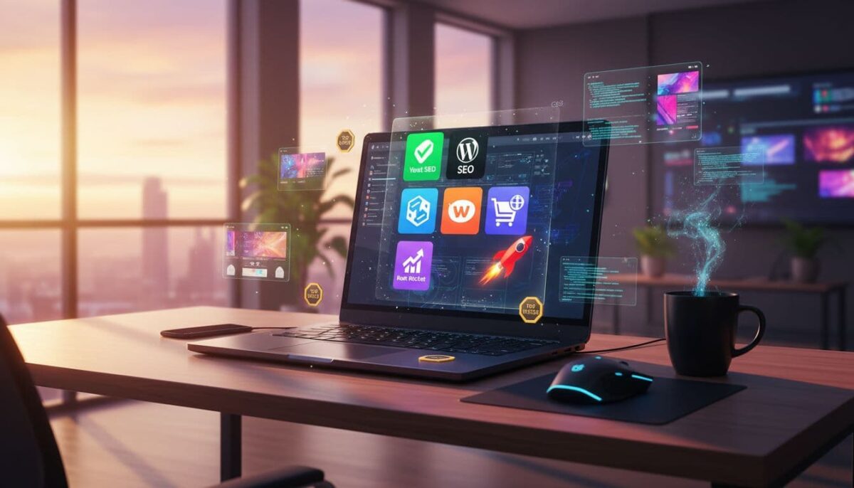 WordPress plugins for blogs shown on laptop with a nearby coffee mug with Inspire To Thrive logo.