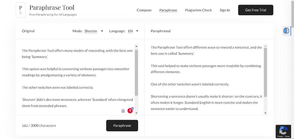 paraphrase tool in action