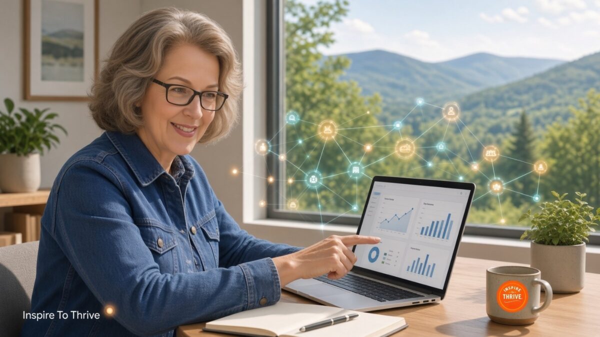 Lisa Sicard of Inspire To Thrive reviewing AI analytics on a laptop in her Maine home office