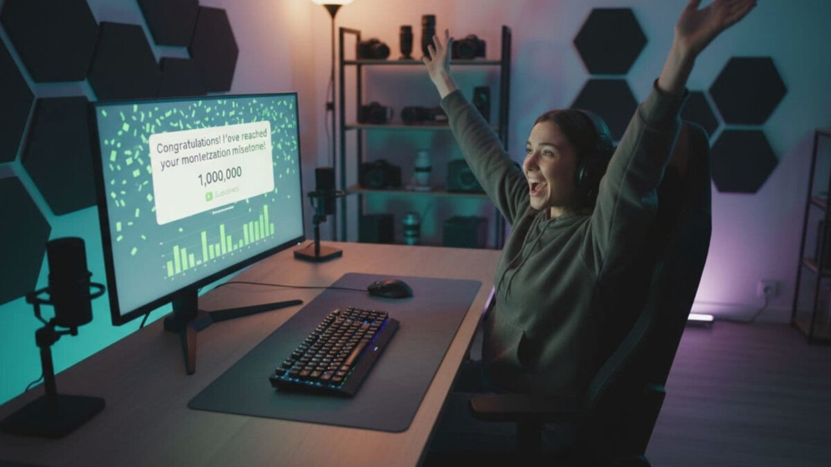 a young female content creator celebrating making money on YouTube