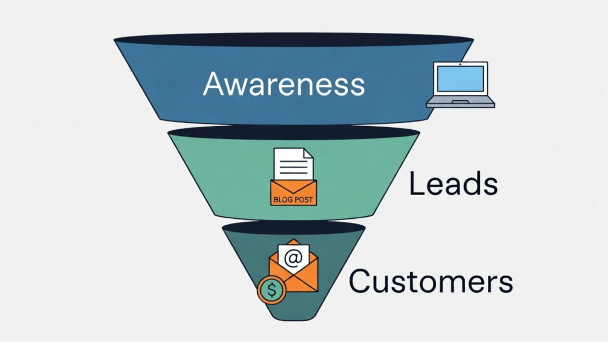 Marketing funnel illustration showing the customer acquisition process: Awareness, Leads, and Customers stages with icons for laptop, blog, email, and money for small businesses and solopreneurs.