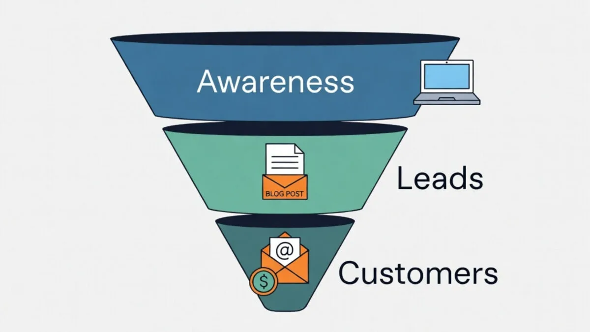 Marketing funnel illustration showing the customer acquisition process: Awareness, Leads, and Customers stages with icons for laptop, blog, email, and money for small businesses and solopreneurs.
