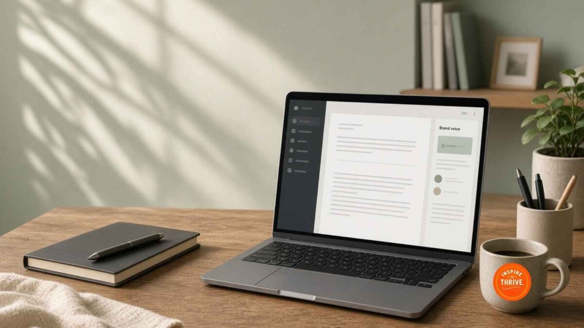 jasper ai review shown on a laptop in inspire to thrive office