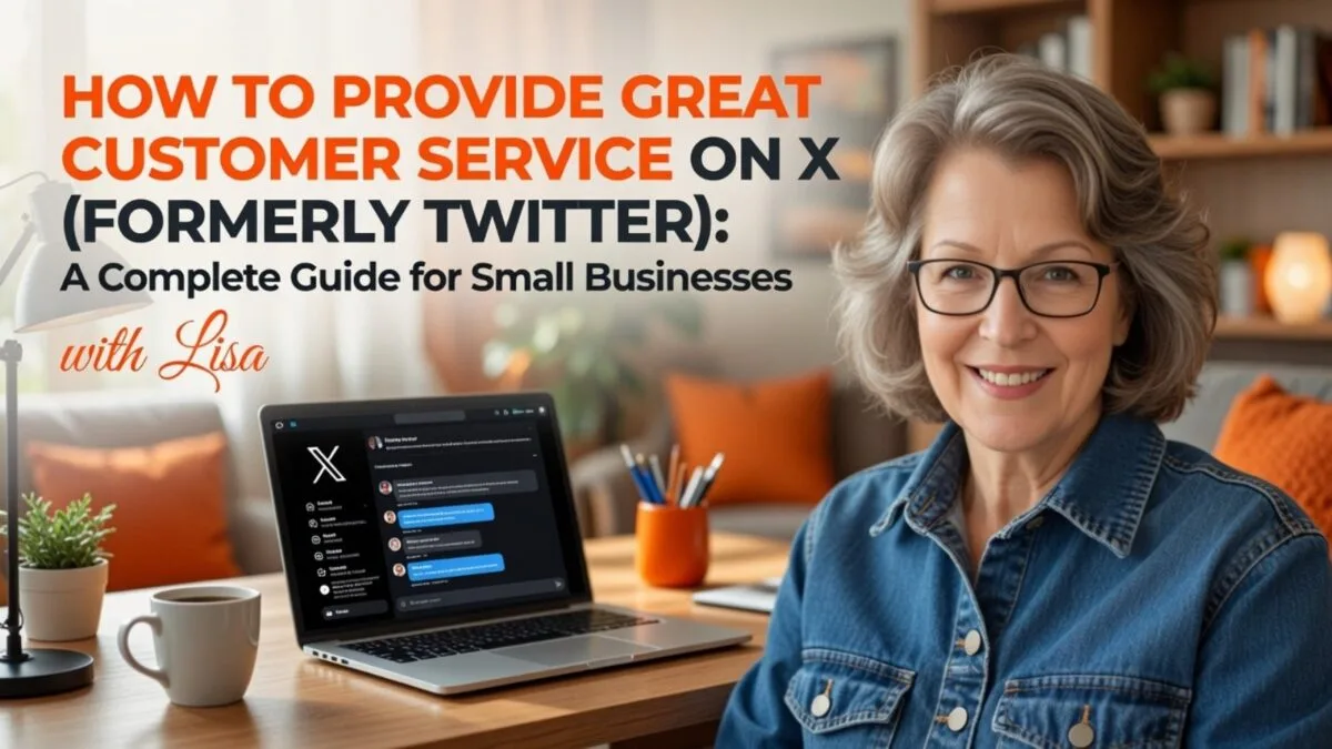 Lisa Sicard smiling at her desk with laptop showing X customer service – How to Provide Great Customer Service on X (Formerly Twitter): Complete Guide for Small Businesses.
