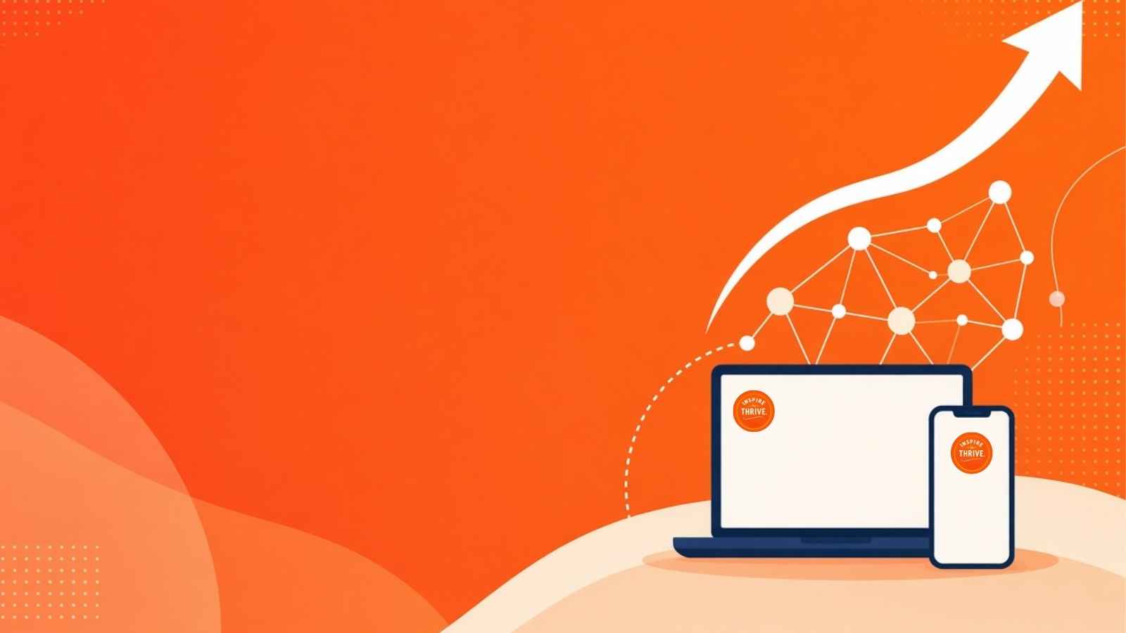 Orange background hero image with a laptop, smartphone, upward growth arrow, and connected network dots representing building a strong online presence for solopreneurs.