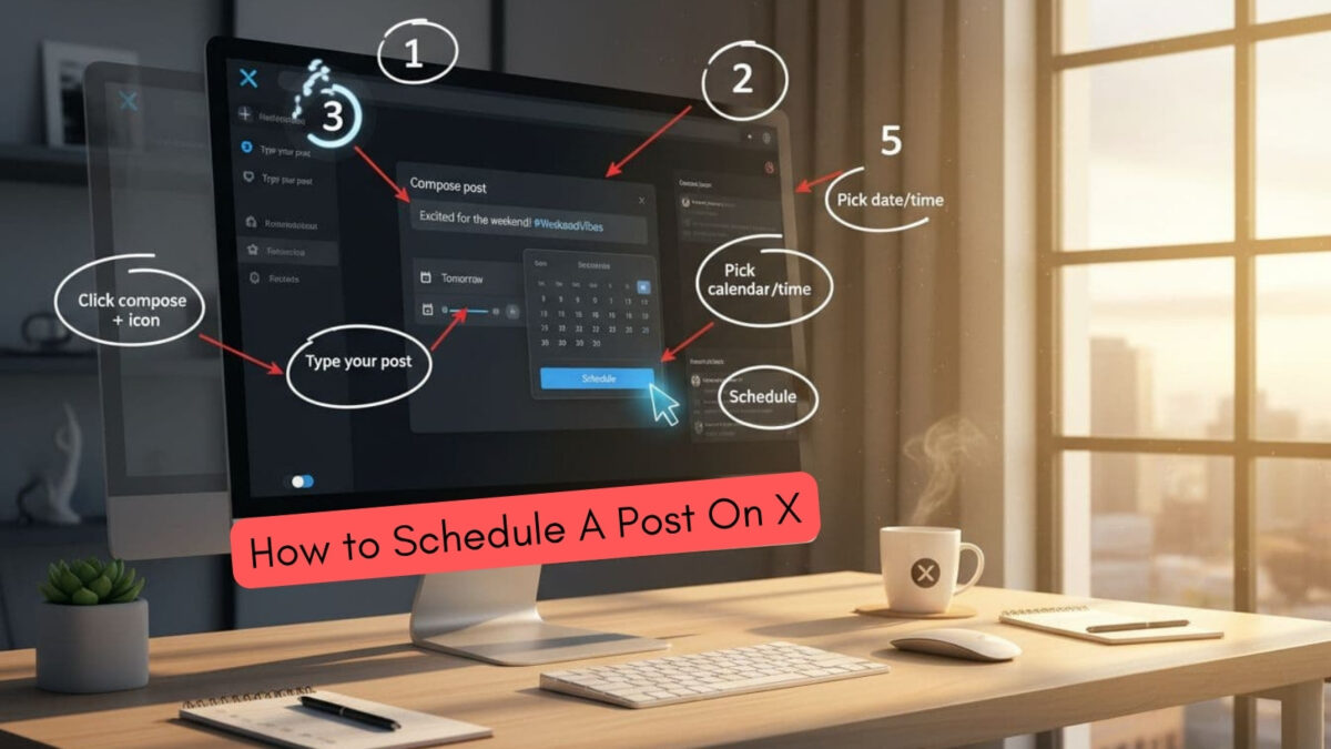 A picture of a laptop in an office with someone scheduling a post on X.