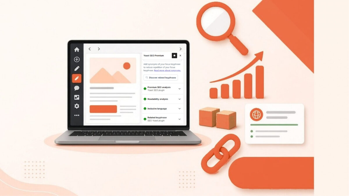 Yoast SEO plugin dashboard on a laptop with on-page SEO checks.