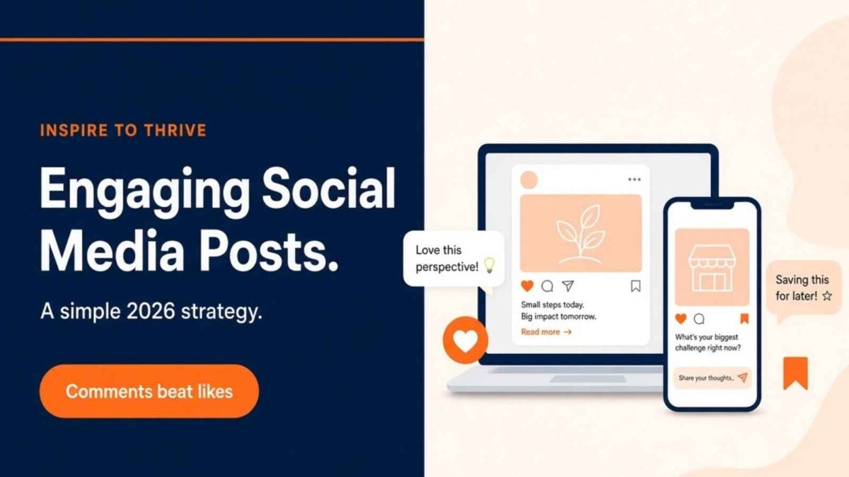 Inspire to Thrive graphic with a navy panel and orange accents, titled Engaging Social Media Posts, beside a laptop and phone showing social post cards and comment bubbles.
