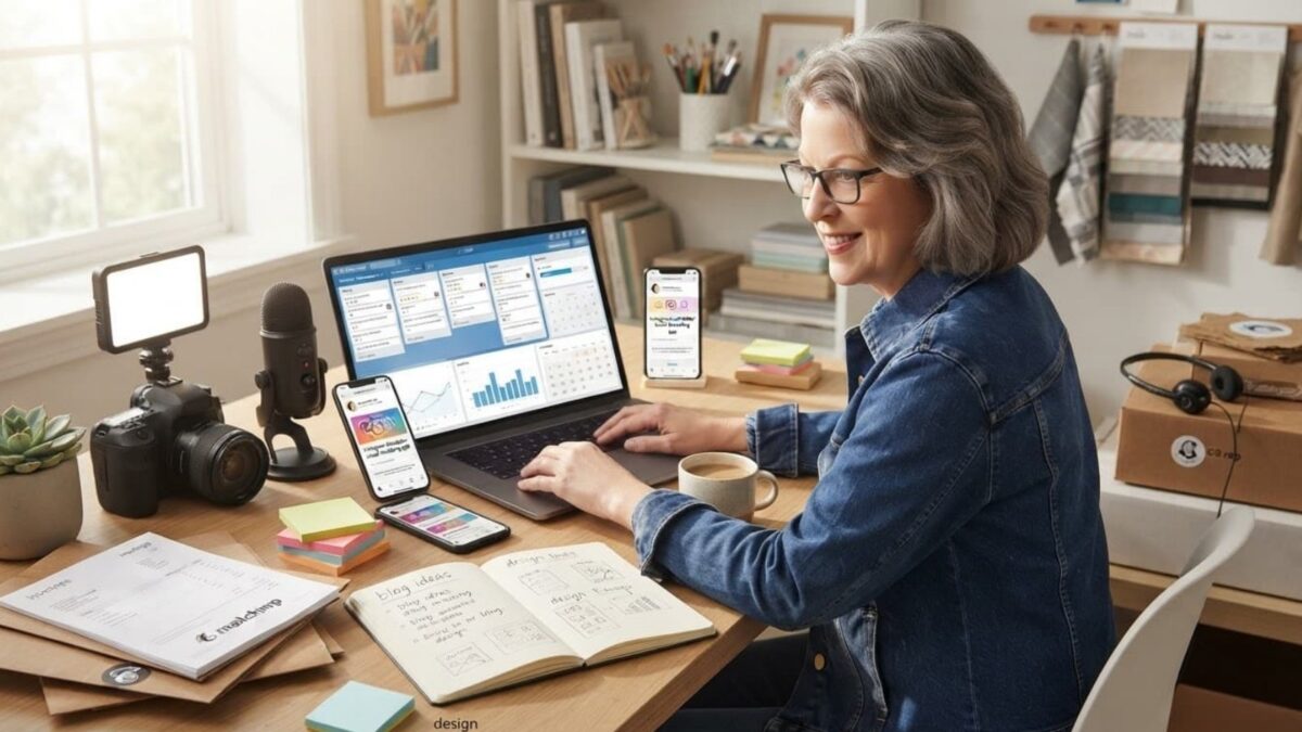 Smiling woman working at a desk with laptop, smartphone, and digital productivity tools for small business and content creation