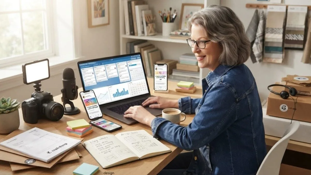 Smiling woman working at a desk with laptop, smartphone, and digital productivity tools for small business and content creation