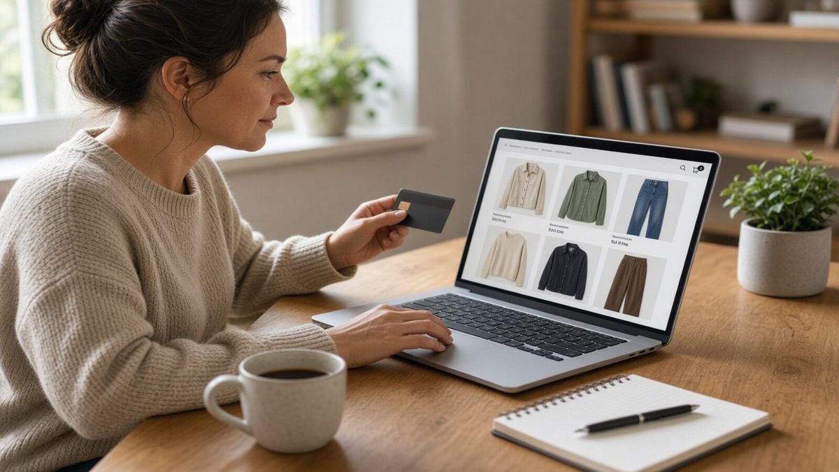 Woman at a desk holding a credit card and browsing clothing on a laptop Woman shopping online on a laptop at a home desk.