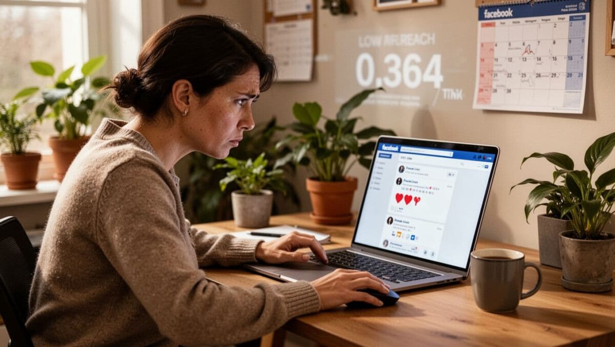 a woman looking at her Facebook page posts low reach