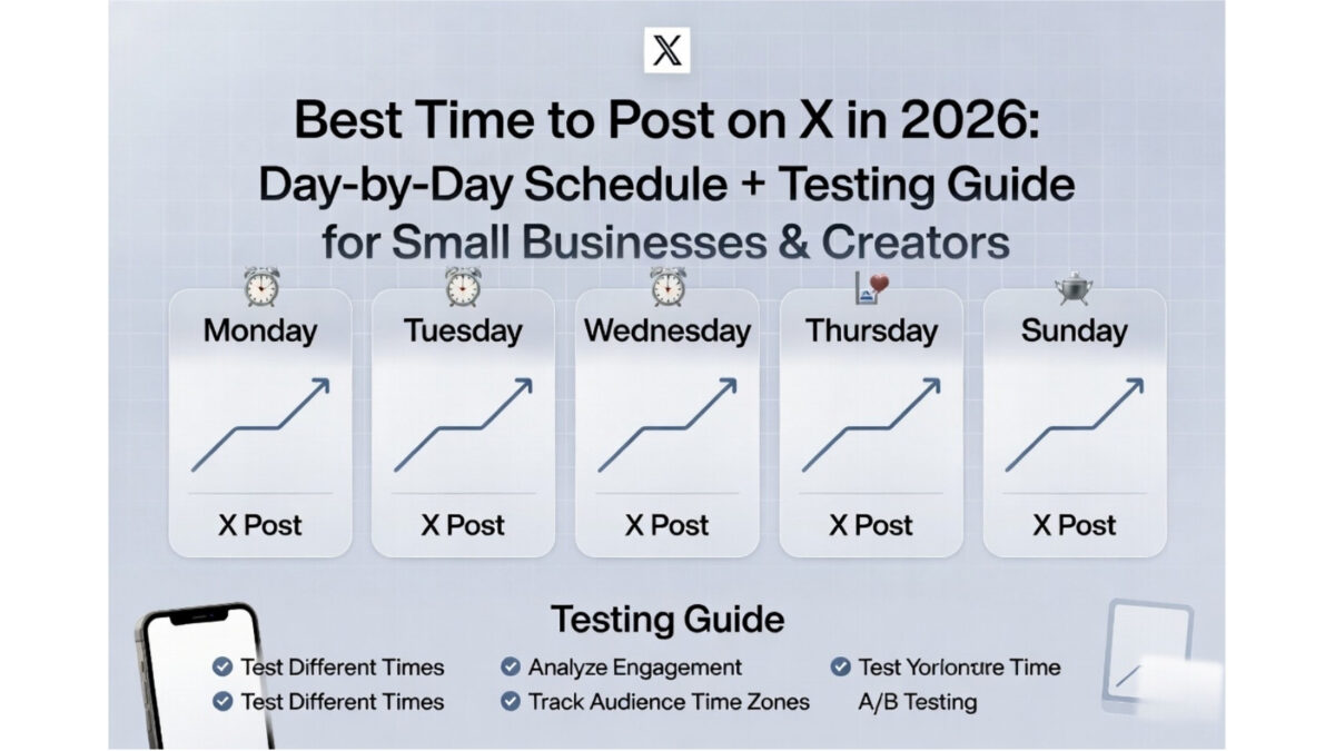 Infographic showing the best times to post on X in 2026 with a day-by-day schedule, peak windows, and testing guide designed for small businesses and creators.