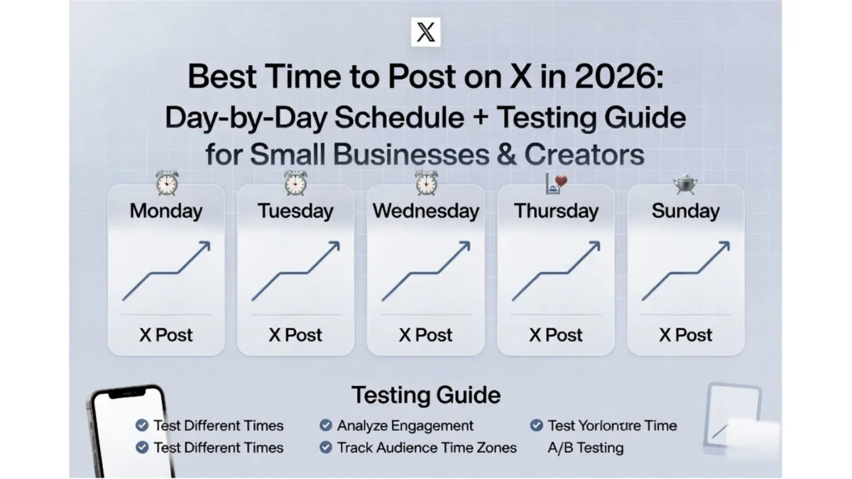 Infographic showing the best times to post on X in 2026 with a day-by-day schedule, peak windows, and testing guide designed for small businesses and creators.