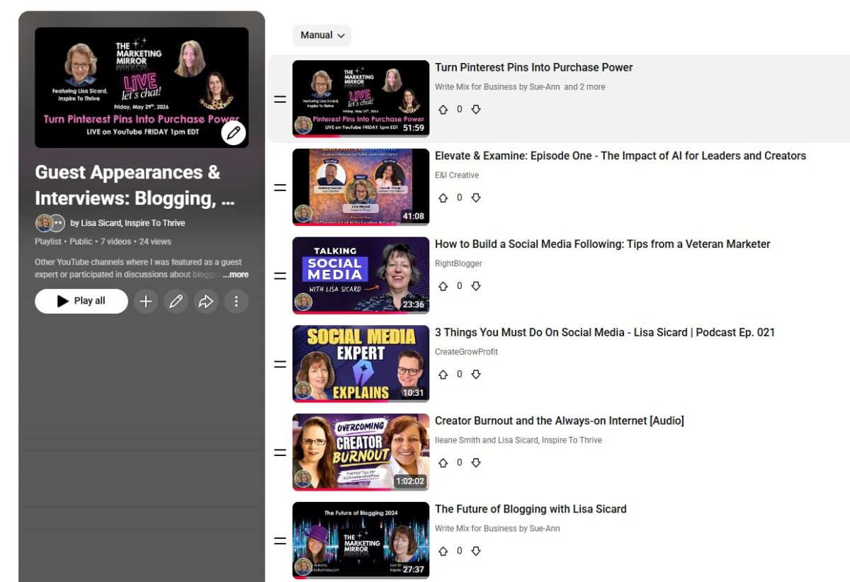 YouTube collaborations playlist featuring Lisa Sicard