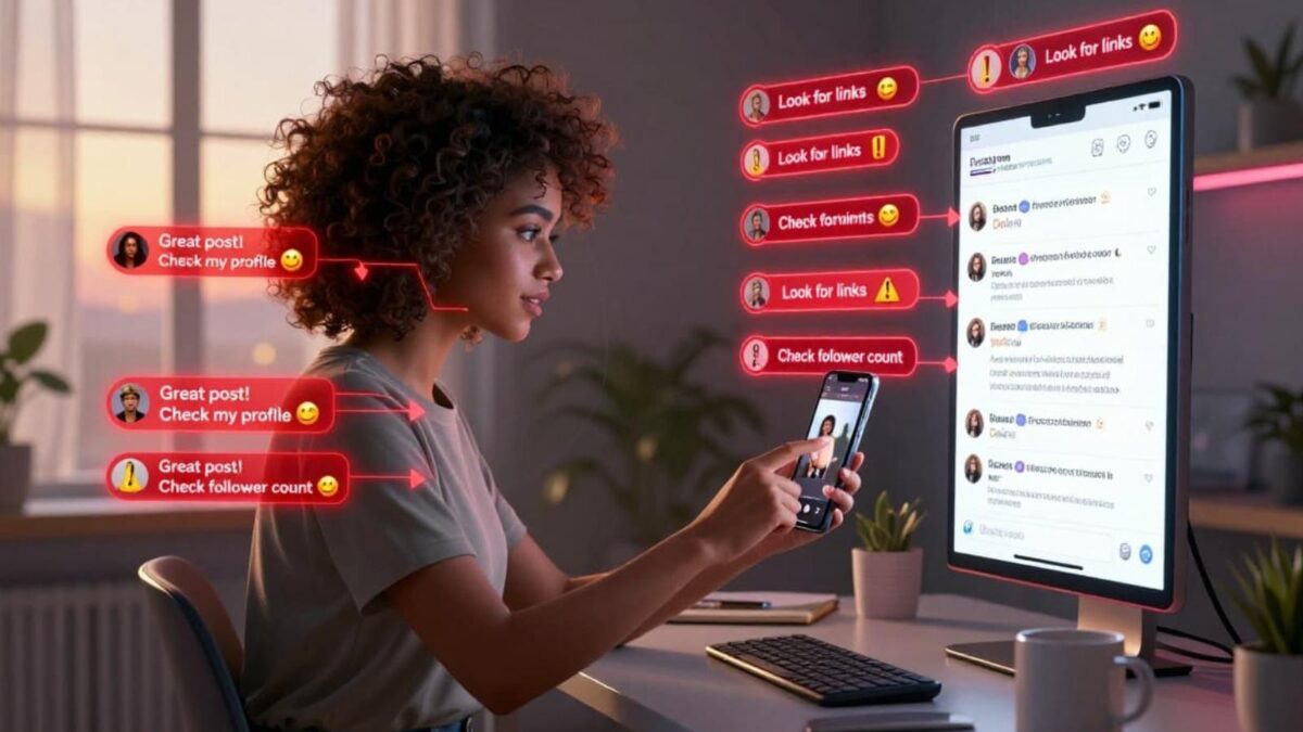 a woman finding and deleting Instagram spam comments on her phone