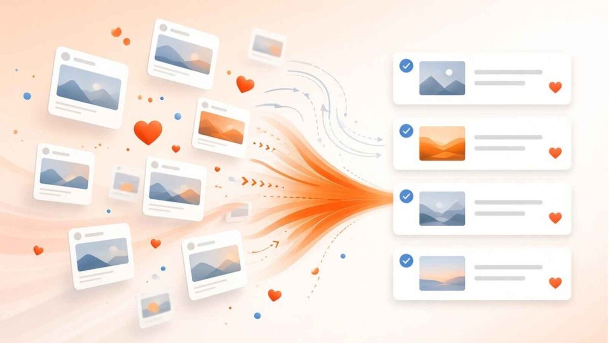 Abstract illustration of scattered social media posts and hearts being organized into a clean, ordered feed, with orange arrows flowing from chaos to structure.