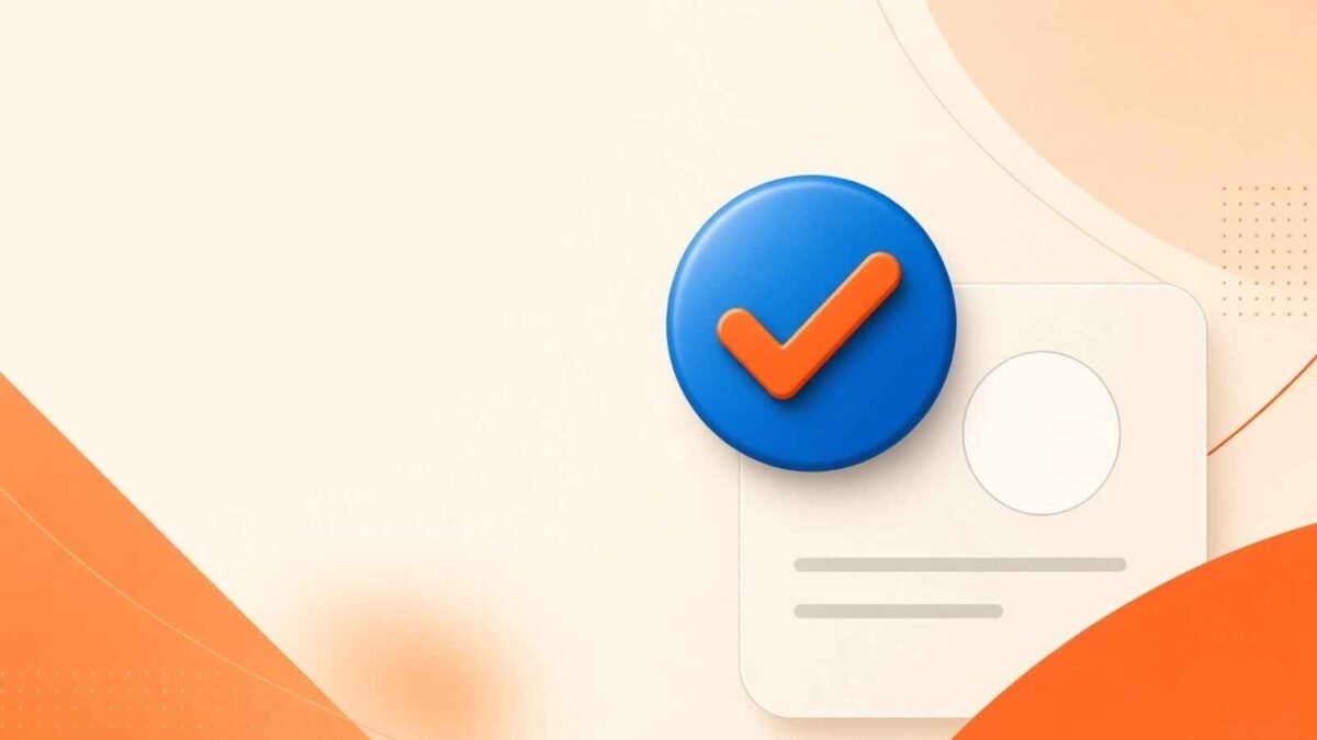 Blue verification checkmark badge overlapping a blank profile card, with orange brand shapes on a cream background.