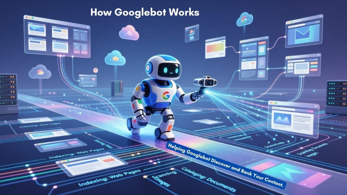 How Googlebot Works – Illustration of Googlebot crawling, indexing, and helping rank website content for bloggers and small businesses