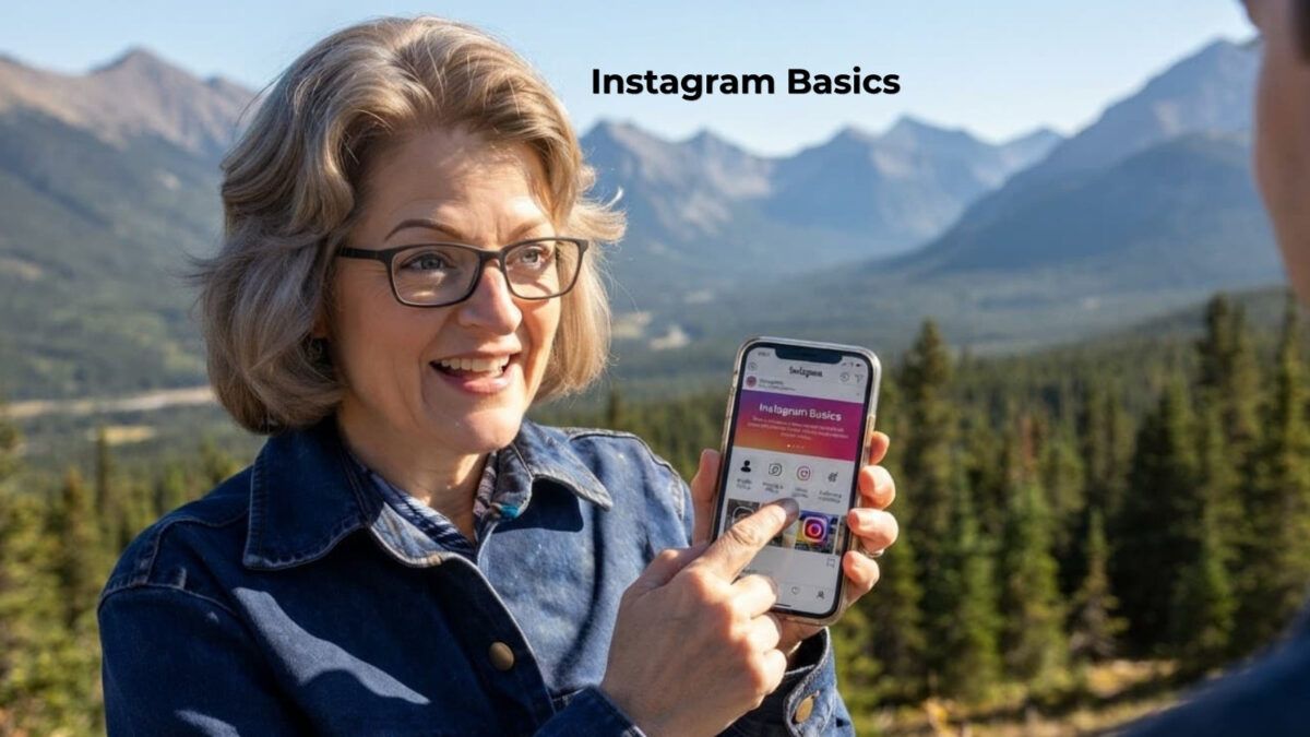 Lisa Sicard smiling and holding a smartphone showing Instagram in a scenic rural mountain setting – Instagram Basics guide