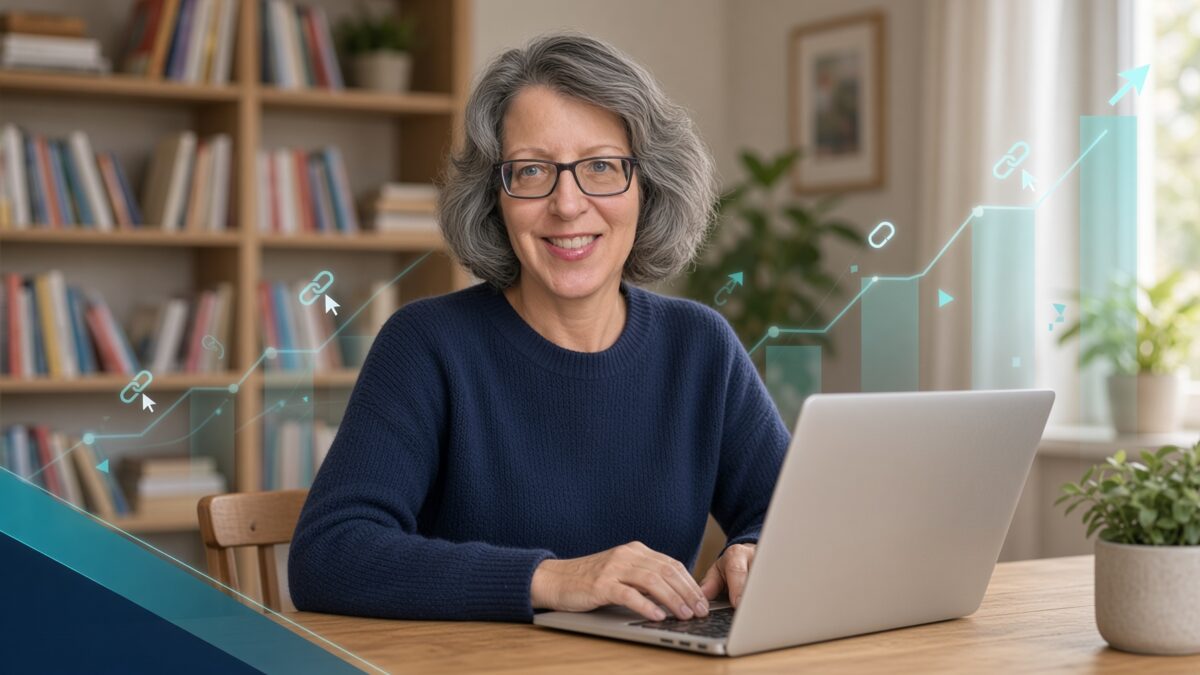 Lisa Sicard smiling at her home desk with a laptop, surrounded by subtle affiliate marketing growth charts and link icons, in a cozy office with bookshelves in the background.