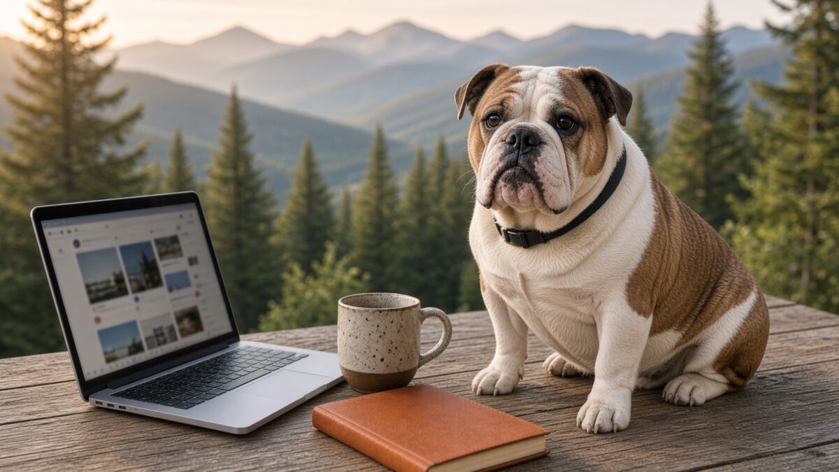 Social media etiquette starts before you post: Stella sits beside a laptop on a mountain porch.
