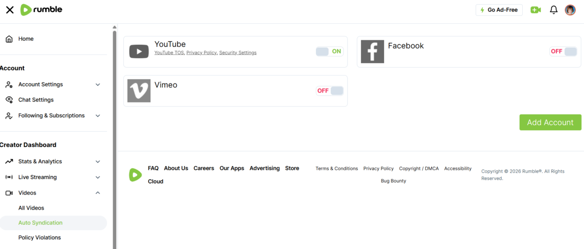 how to auto syndicate from Rumble to YouTube