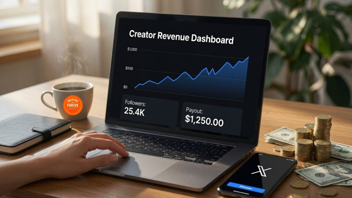 Content creator reviewing X revenue sharing dashboard on laptop with earnings graph, payout stats, and money on desk — how content creators make money on X in 2026
