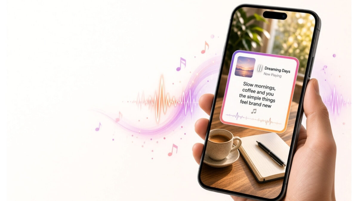 Smartphone showing an Instagram Story with a music sticker and lyrics.