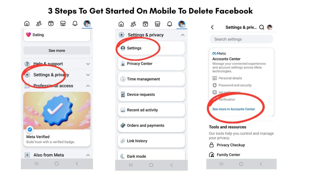 first 3 steps on mobile to delete facebook account