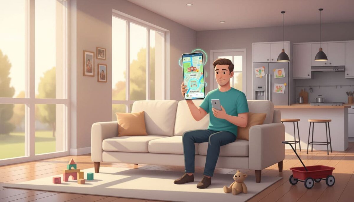 a dad viewing a tracking app in his living room