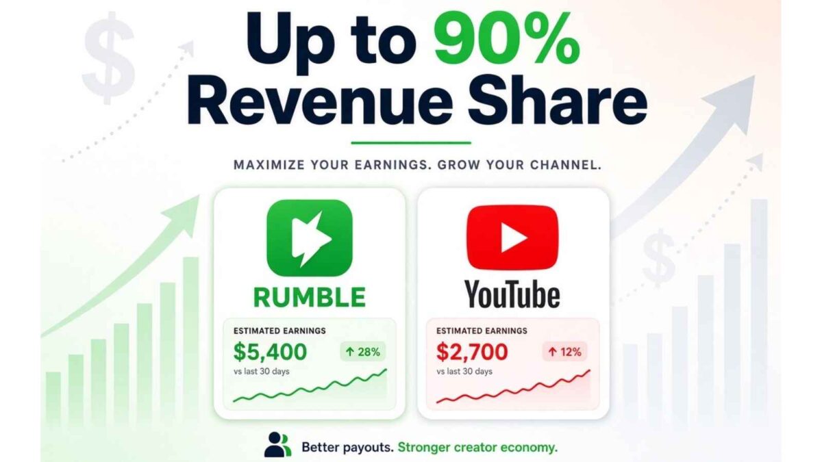 Comparison graphic showing Rumble offering up to 90% revenue share versus YouTube, with side-by-side estimated earnings cards and upward growth arrows.