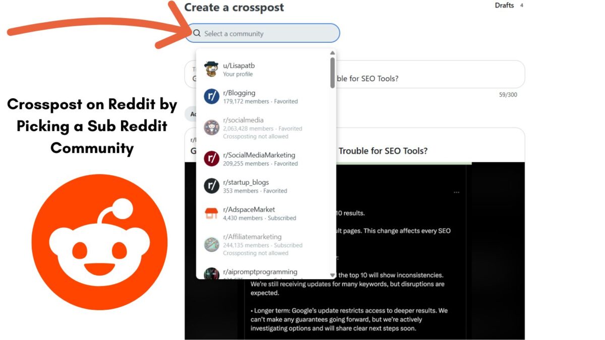 pick a community to cross post on a sub reddit how to crosspost on Reddit by picking a sub reddit or community