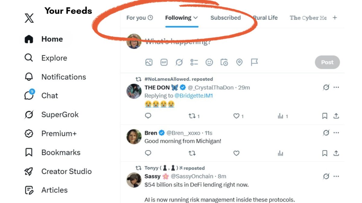 Your x feeds, following and for you shown in this screenshot on Inspire To Thrive.