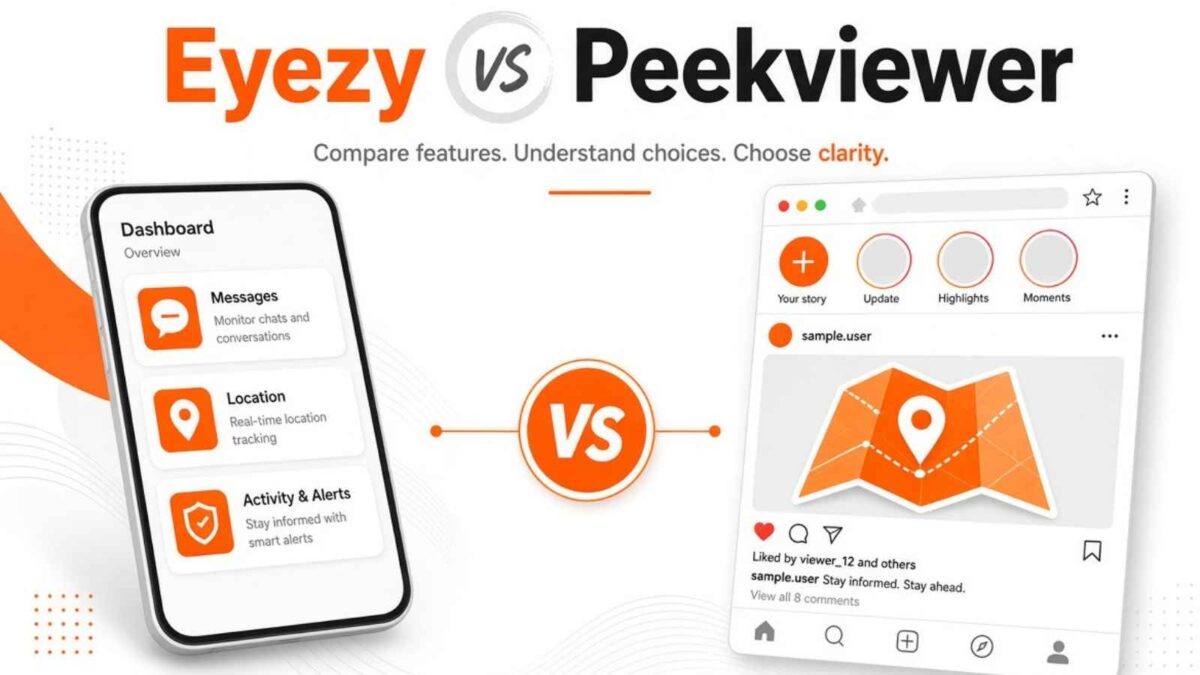 Eyezy vs Peekviewer comparison graphic showing a smartphone monitoring dashboard on the left and a browser Instagram viewer interface on the right, with orange branding accents and a central VS icon.