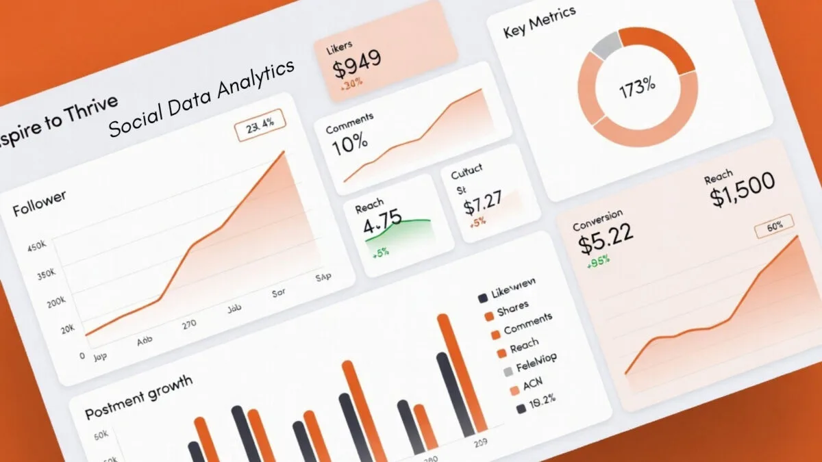 Social media data analytics dashboard for Inspire to Thrive showing orange-themed charts for follower growth, engagement, reach, comments, and conversion rates