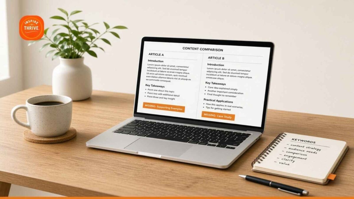 Content gap analysis on a laptop, with an orange accent matching the Inspire To Thrive logo.