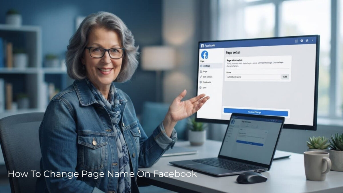 How To Change Page Name On Facebook show by Lisa of Inspire TO Thrive at her computer.
