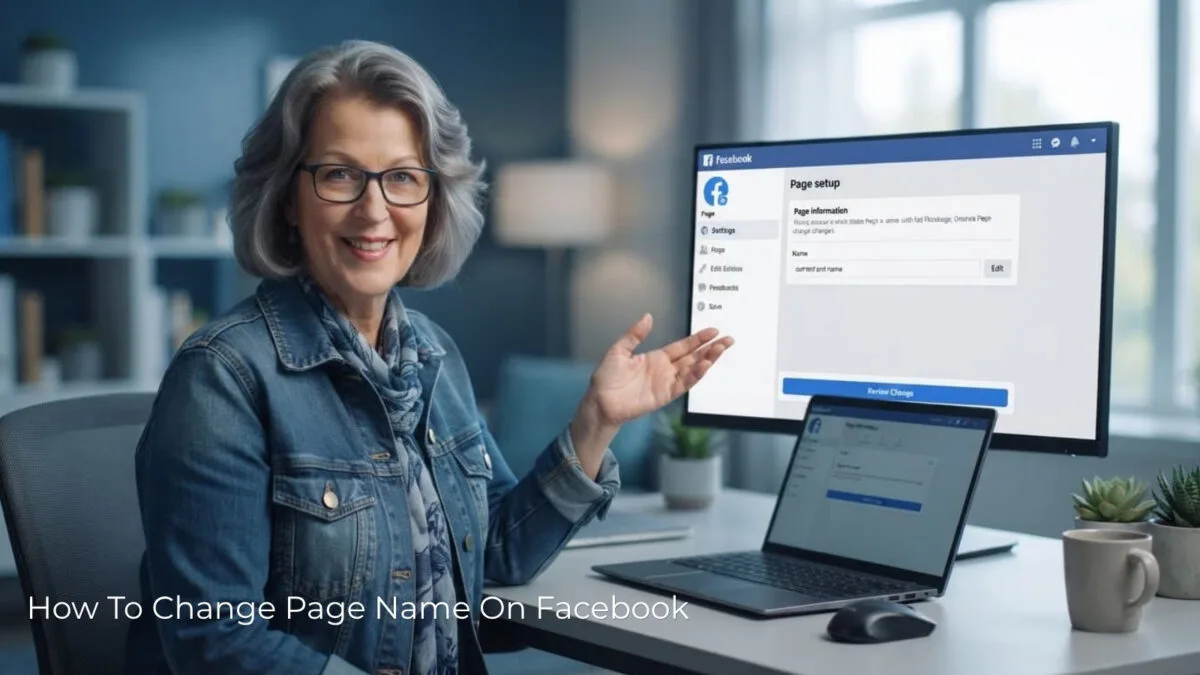 How To Change Page Name On Facebook show by Lisa of Inspire TO Thrive at her computer.