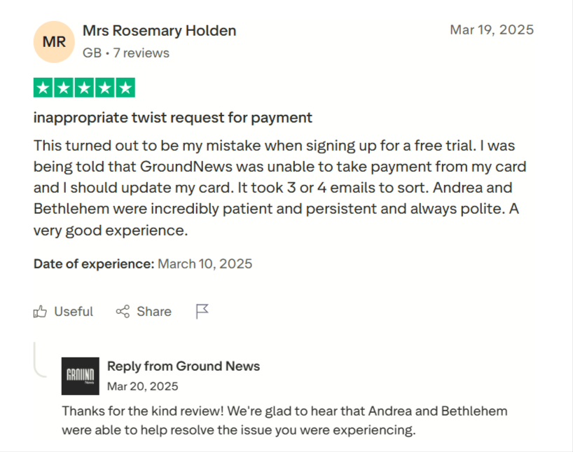 A good trust pilot review highlighting customer service A good trust pilot review highlighting customer service